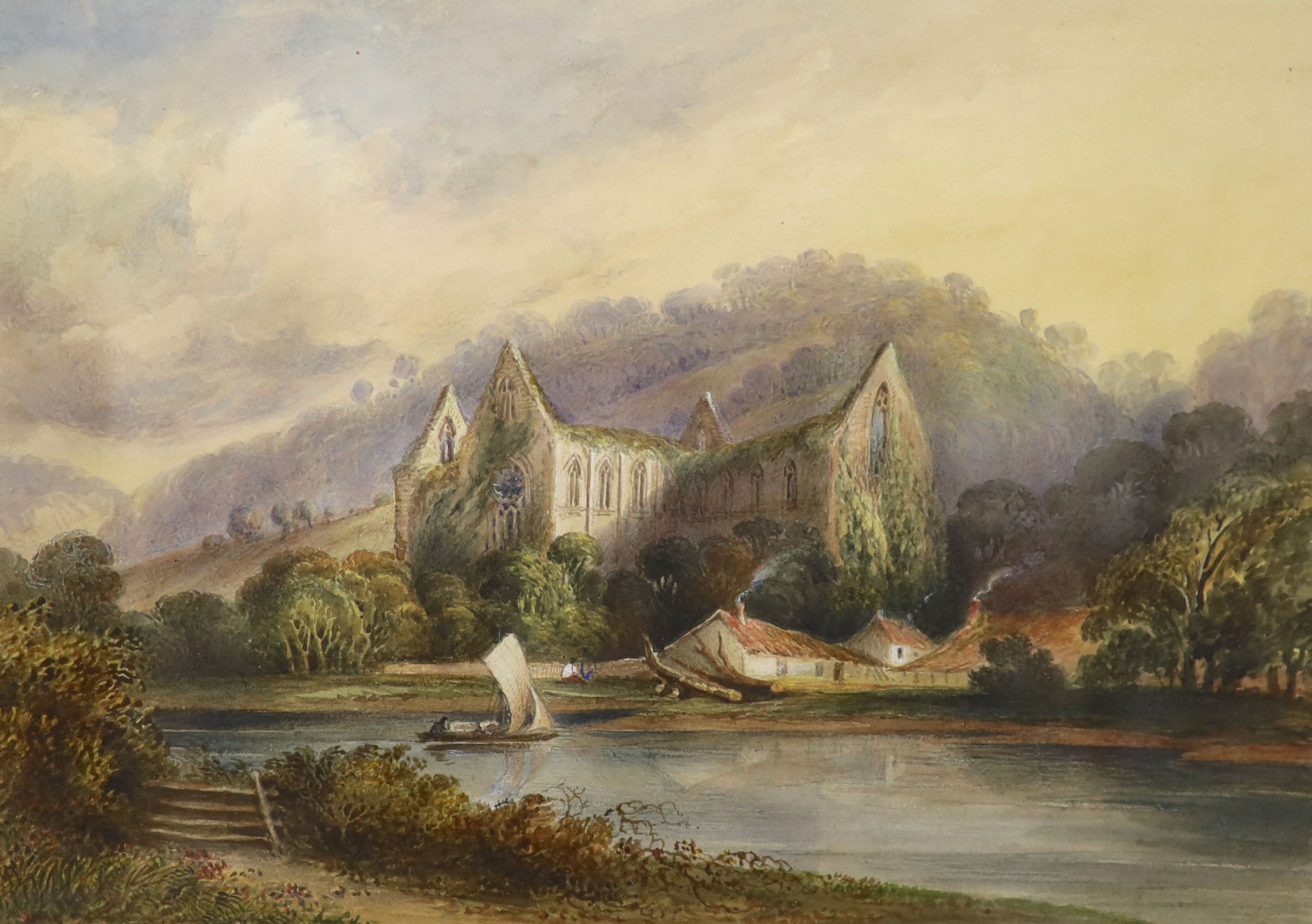 19th century English School, watercolour, View of a ruined abbey, 25 x 35cm